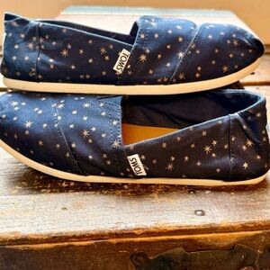 TOMS Navy Blue and Rose Gold Celestial Star Alpargata Slip Ons